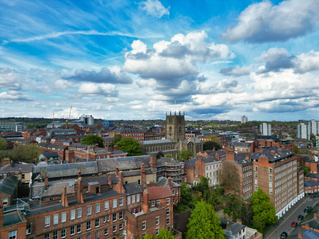 Northampton ckyline view of properties and All Saints' Church